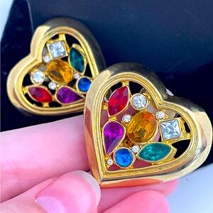 Vintage 80's Rainbow Rhinestone Valentines Day Festival Pride Heart Earrings